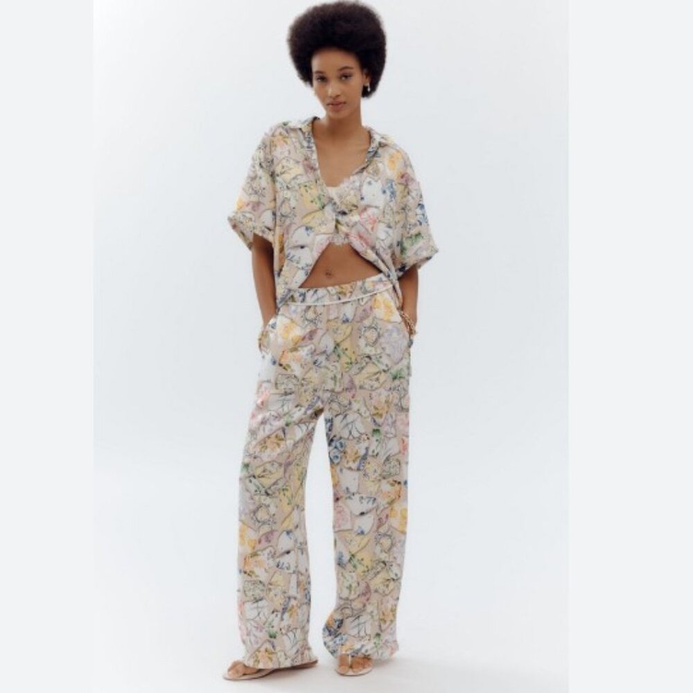 Maeve The Brooklin Printed Wide-Leg Pull-On Pants Ivory Pottery –Size Medium-NWT